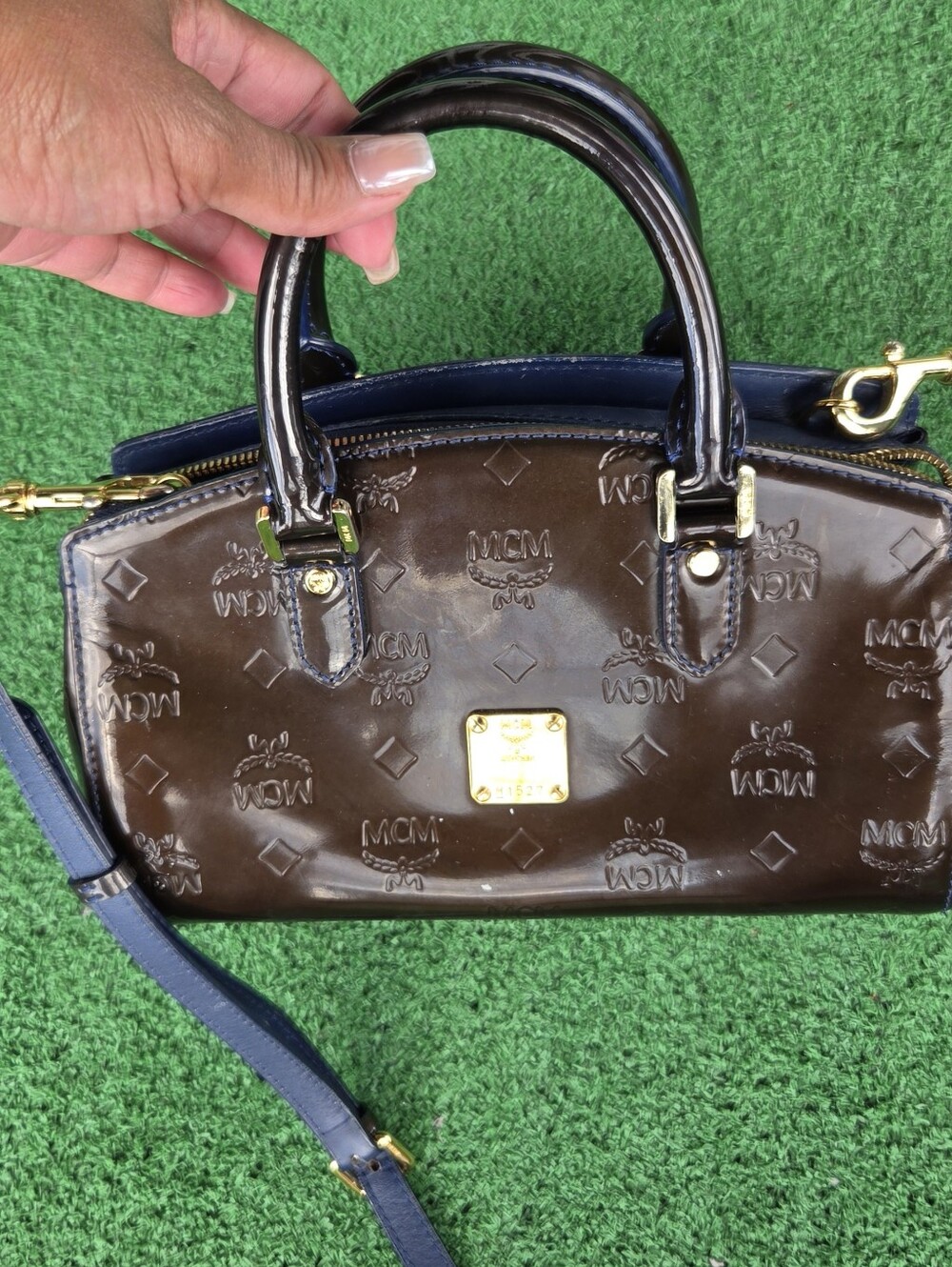 MCM Mini Olive Green & Blue Patent Leather Top-Handle Mini Crossbody - Picture 3 of 16